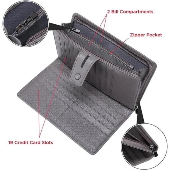 Womens Wallet, Large Capacity Genuine Leather Grey